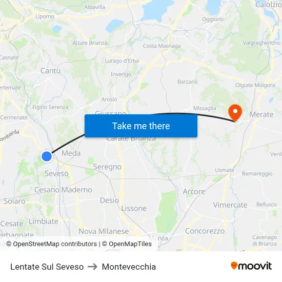 Lentate Sul Seveso to Montevecchia map