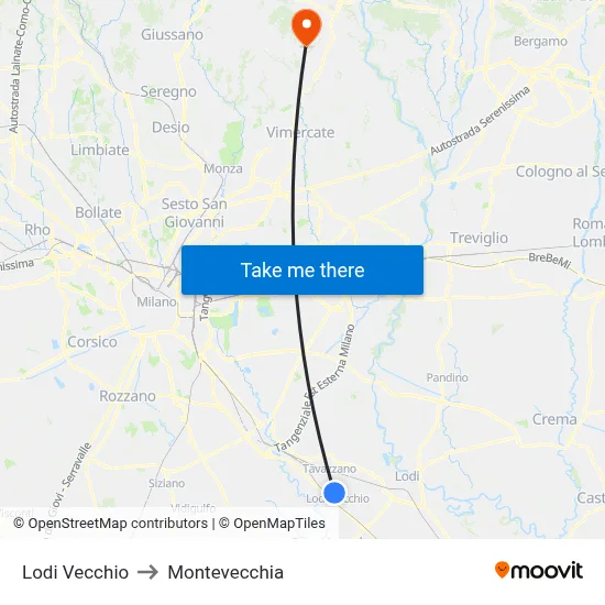 Lodi Vecchio to Montevecchia map
