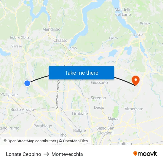 Lonate Ceppino to Montevecchia map