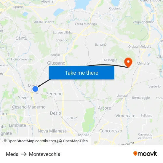 Meda to Montevecchia map