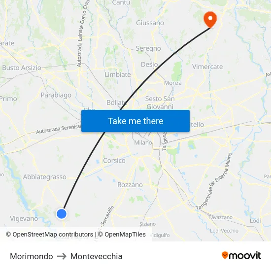Morimondo to Montevecchia map