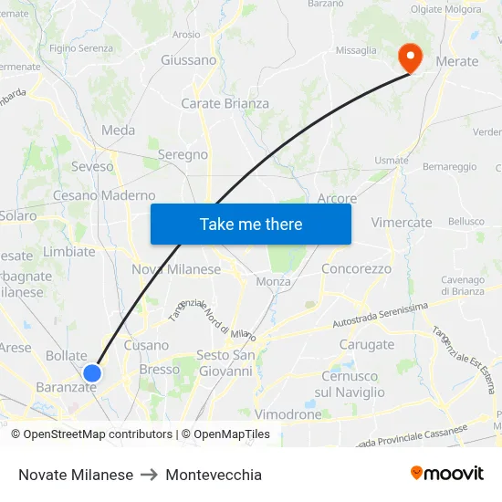 Novate Milanese to Montevecchia map