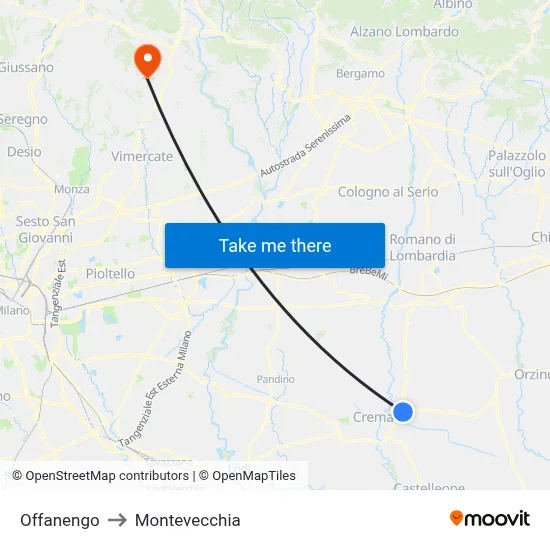 Offanengo to Montevecchia map
