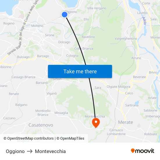 Oggiono to Montevecchia map