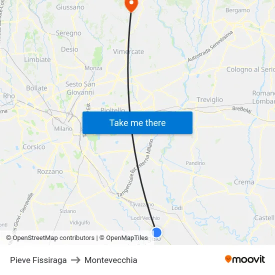 Pieve Fissiraga to Montevecchia map
