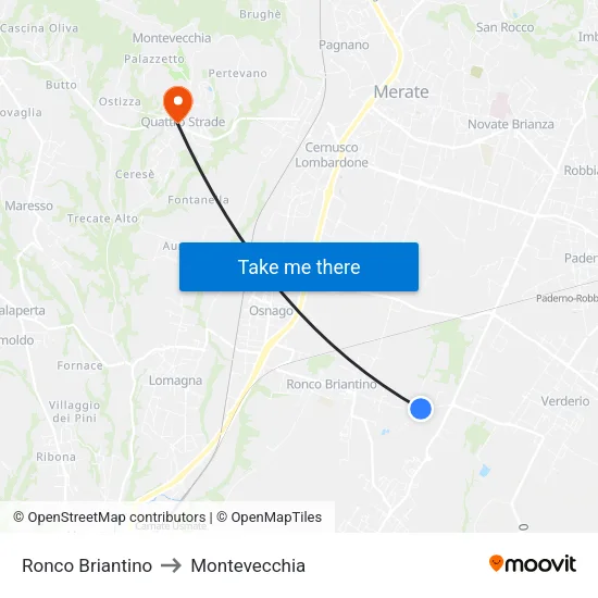Ronco Briantino to Montevecchia map