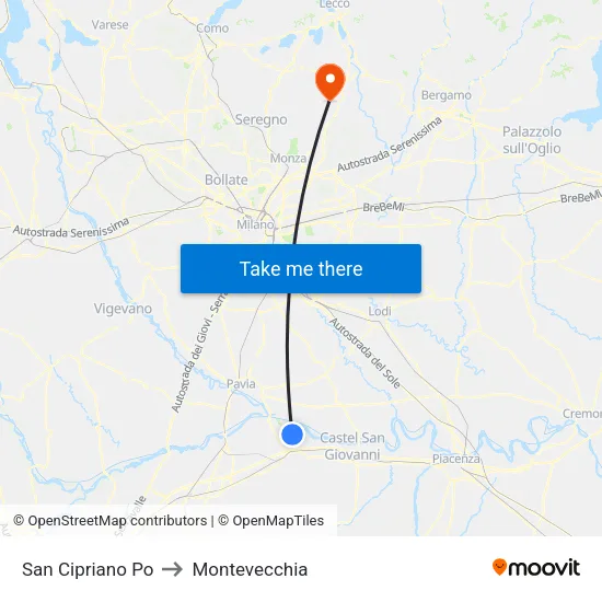 San Cipriano Po to Montevecchia map