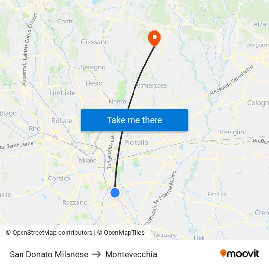 San Donato Milanese to Montevecchia map