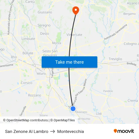 San Zenone Al Lambro to Montevecchia map