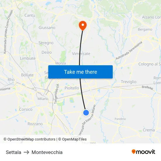 Settala to Montevecchia map