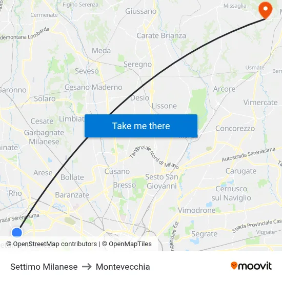 Settimo Milanese to Montevecchia map