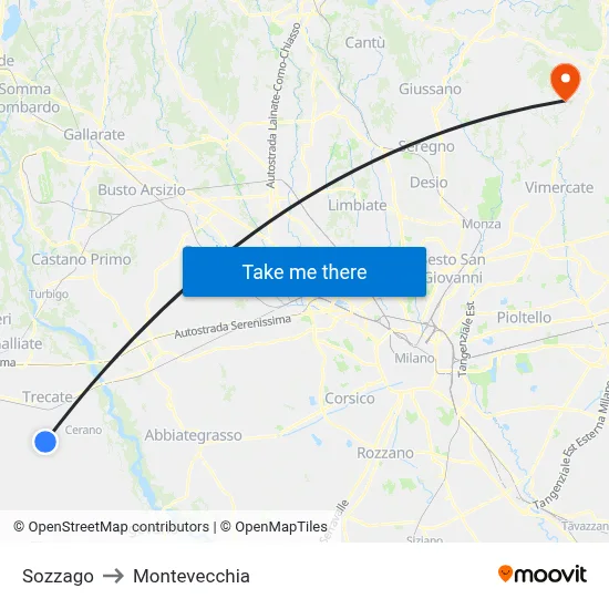 Sozzago to Montevecchia map