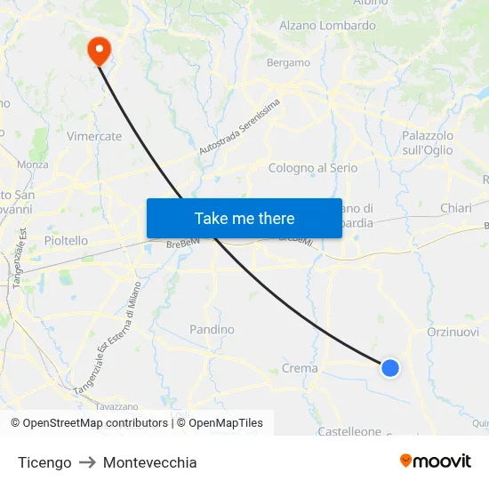 Ticengo to Montevecchia map