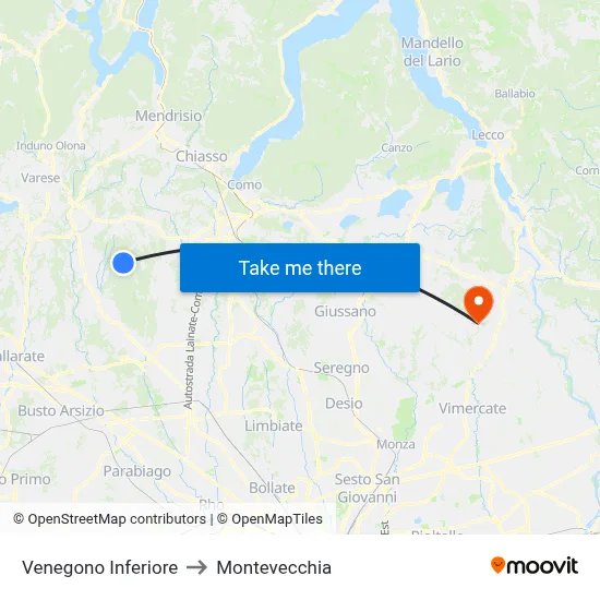 Venegono Inferiore to Montevecchia map