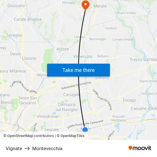 Vignate to Montevecchia map