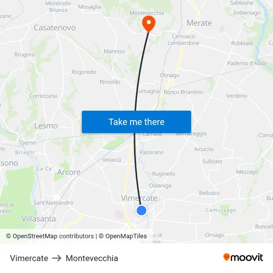 Vimercate to Montevecchia map