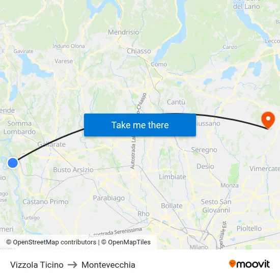 Vizzola Ticino to Montevecchia map
