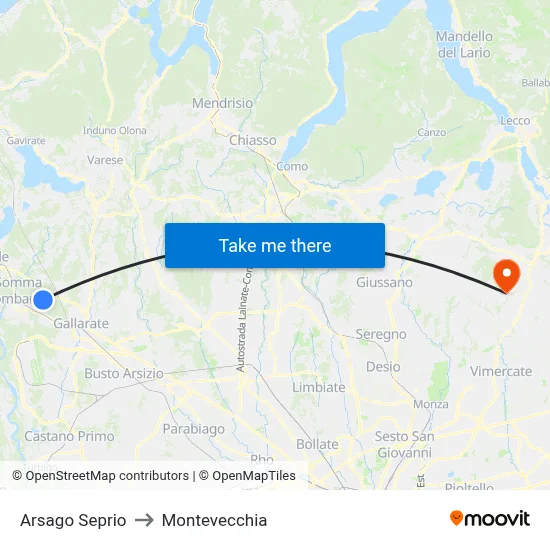 Arsago Seprio to Montevecchia map