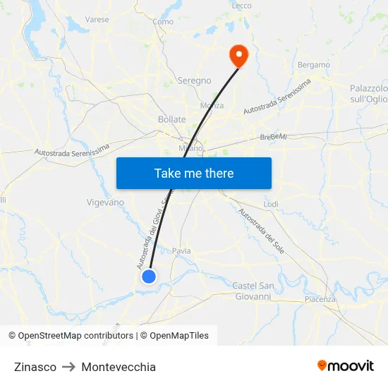 Zinasco to Montevecchia map