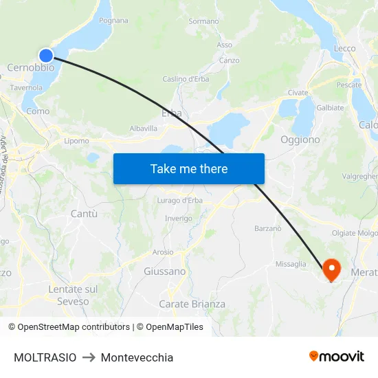 Moltrasio to Montevecchia map