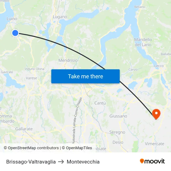 Brissago-Valtravaglia to Montevecchia map