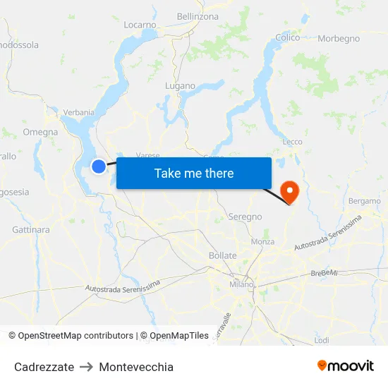 Cadrezzate to Montevecchia map