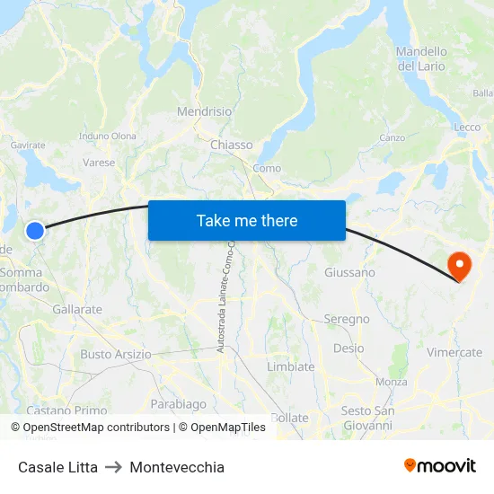 Casale Litta to Montevecchia map