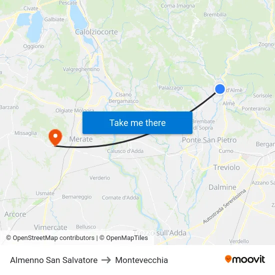 Almenno San Salvatore to Montevecchia map