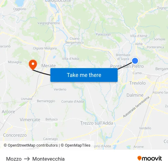 Mozzo to Montevecchia map