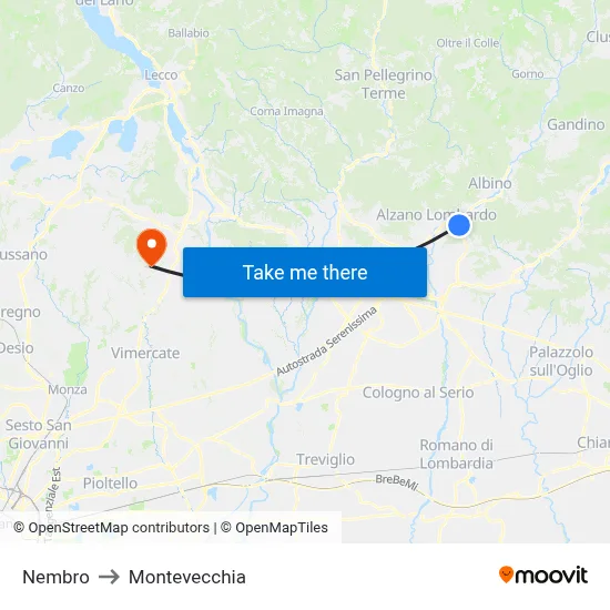 Nembro to Montevecchia map