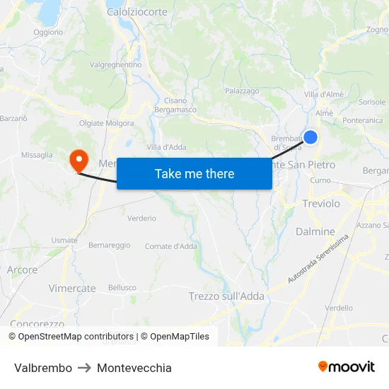 Valbrembo to Montevecchia map