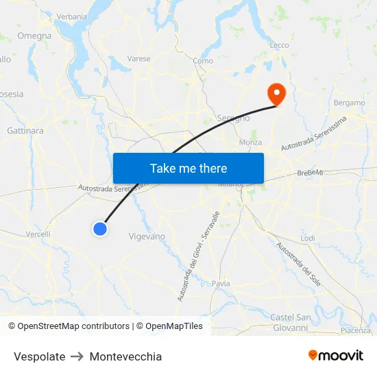 Vespolate to Montevecchia map