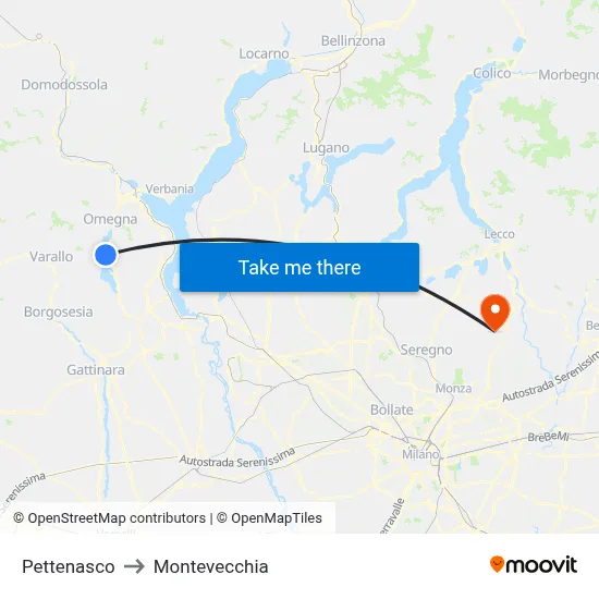 Pettenasco to Montevecchia map