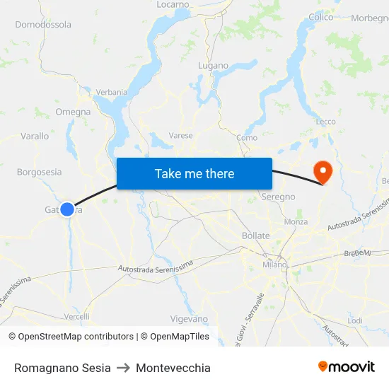 Romagnano Sesia to Montevecchia map