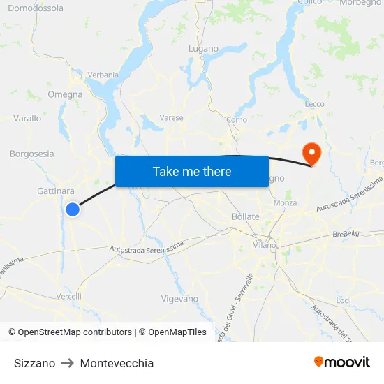 Sizzano to Montevecchia map