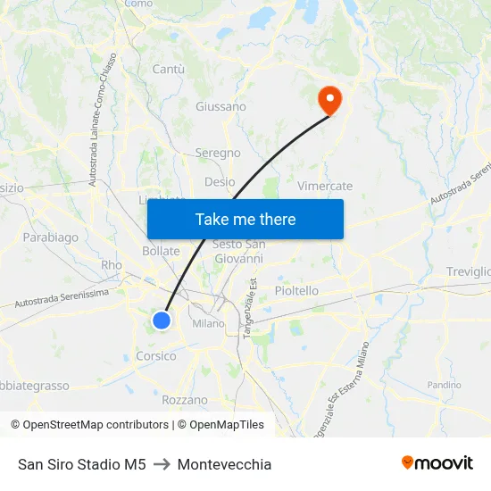 San Siro Stadio M5 to Montevecchia map