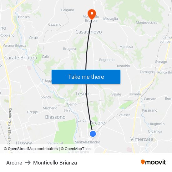 Arcore to Monticello Brianza map