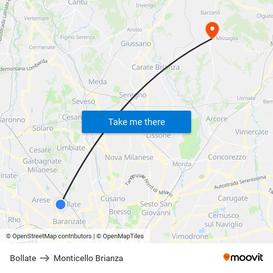 Bollate to Monticello Brianza map