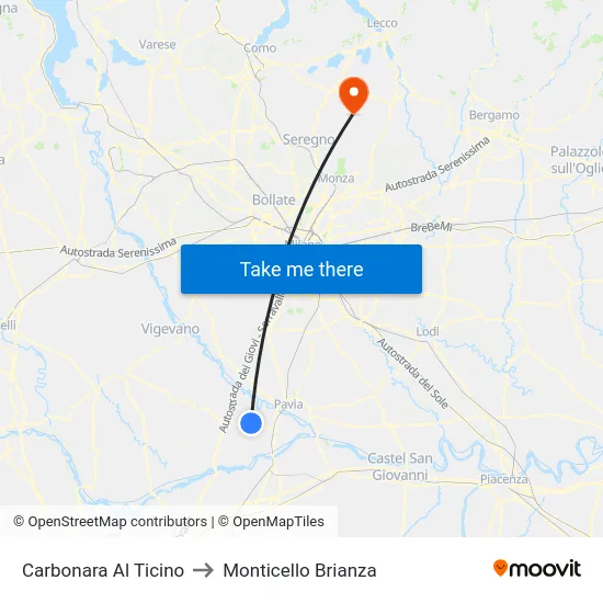 Carbonara Al Ticino to Monticello Brianza map