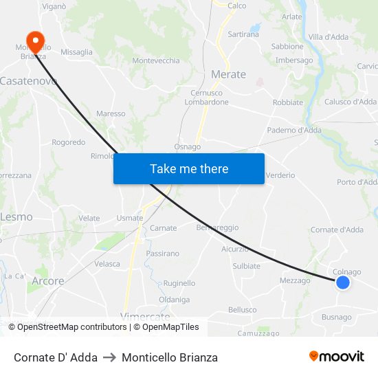 Cornate D' Adda to Monticello Brianza map