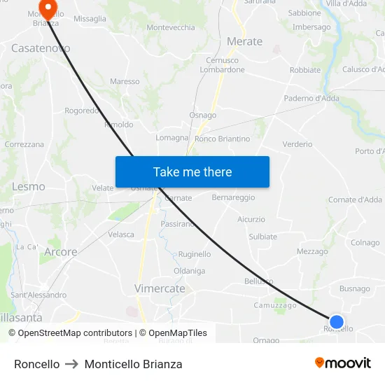 Roncello to Monticello Brianza map