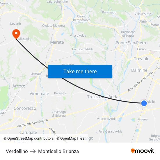Verdellino to Monticello Brianza map