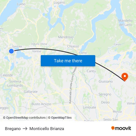 Bregano to Monticello Brianza map