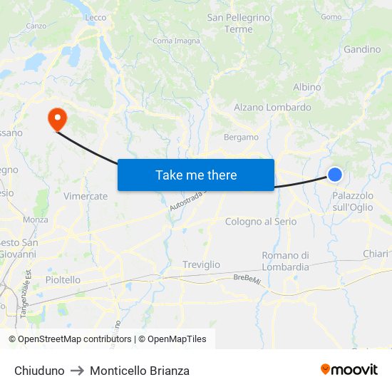 Chiuduno to Monticello Brianza map