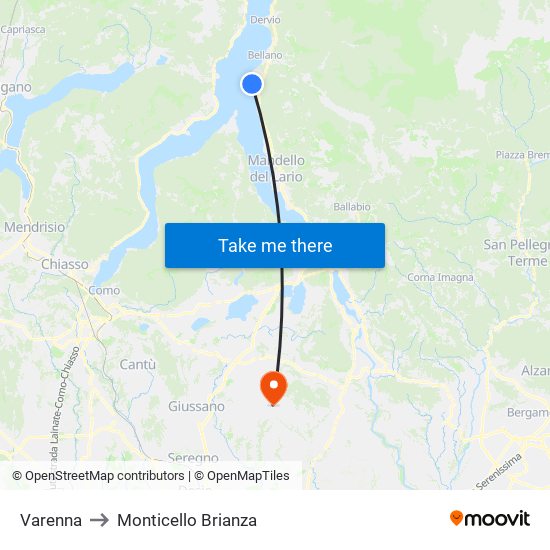 Varenna to Monticello Brianza map