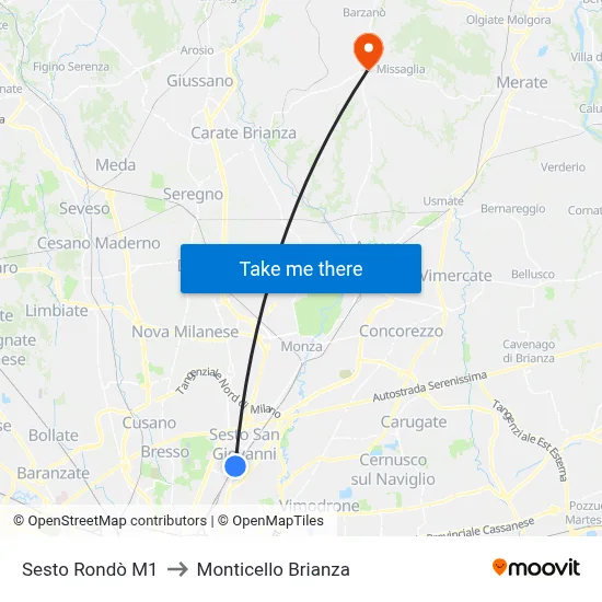 Sesto Rondò M1 to Monticello Brianza map