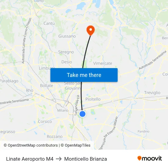 Linate Airport M4 to Monticello Brianza map