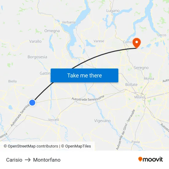 Carisio to Montorfano map