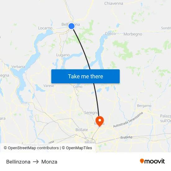 Bellinzona to Monza map
