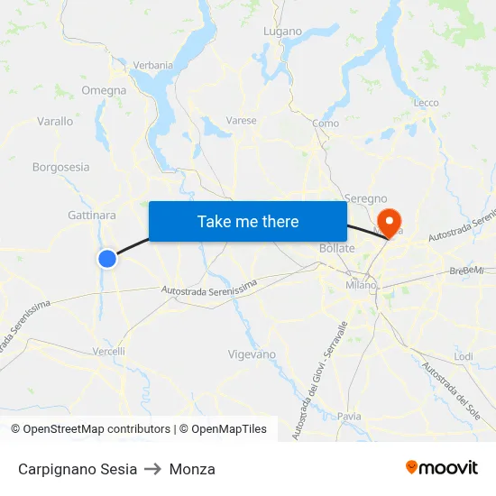Carpignano Sesia to Monza map